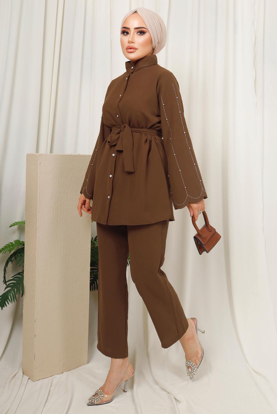 Tesettür giyim KAHVE KOLU TAŞ İŞLEMELİ PANTOLONLU TAKIM T 6013