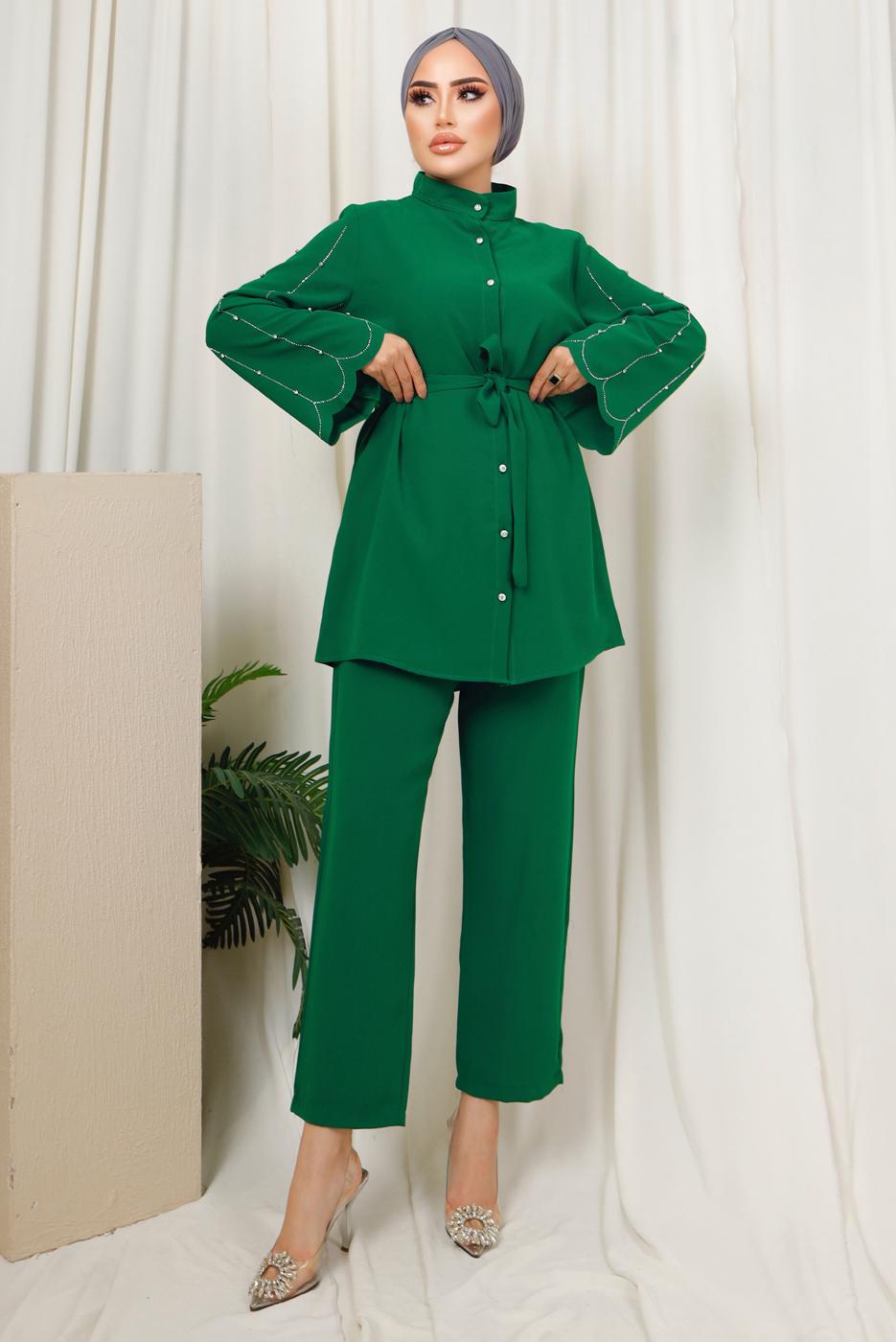 Tesettür giyim YEŞİL KOLU TAŞ İŞLEMELİ PANTOLONLU TAKIM T 6013