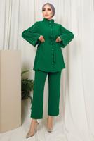 Tesettür giyim YEŞİL KOLU TAŞ İŞLEMELİ PANTOLONLU TAKIM T 6013