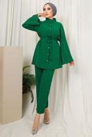 Tesettür giyim YEŞİL KOLU TAŞ İŞLEMELİ PANTOLONLU TAKIM T 6013
