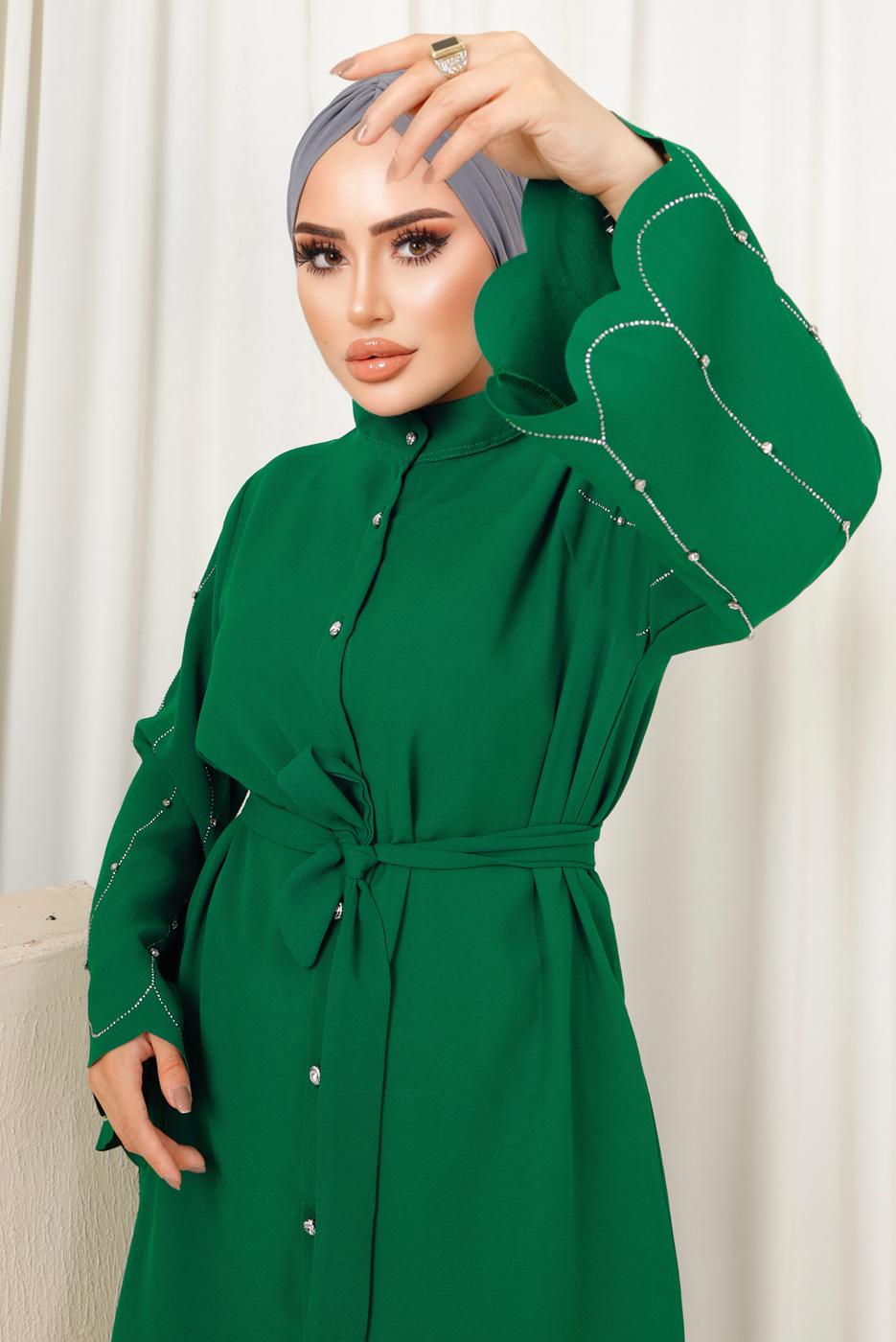 Tesettür giyim YEŞİL KOLU TAŞ İŞLEMELİ PANTOLONLU TAKIM T 6013