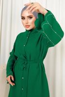 Tesettür giyim YEŞİL KOLU TAŞ İŞLEMELİ PANTOLONLU TAKIM T 6013