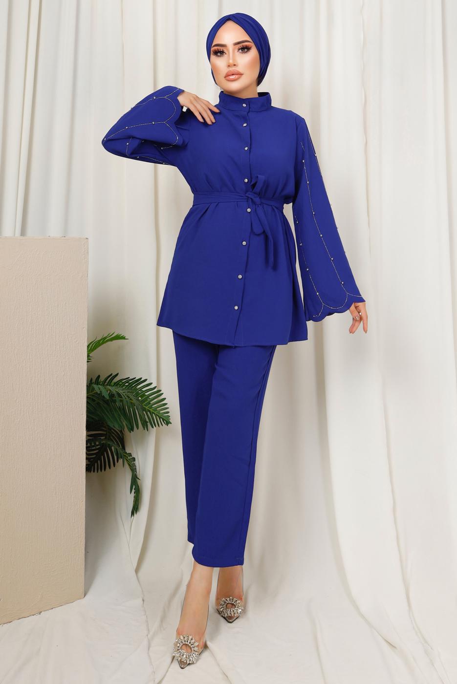 Tesettür giyim LACİVERT KOLU TAŞ İŞLEMELİ PANTOLONLU TAKIM T 6013