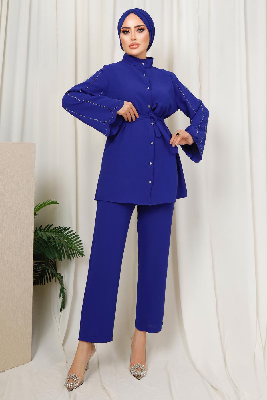 Tesettür giyim LACİVERT KOLU TAŞ İŞLEMELİ PANTOLONLU TAKIM T 6013