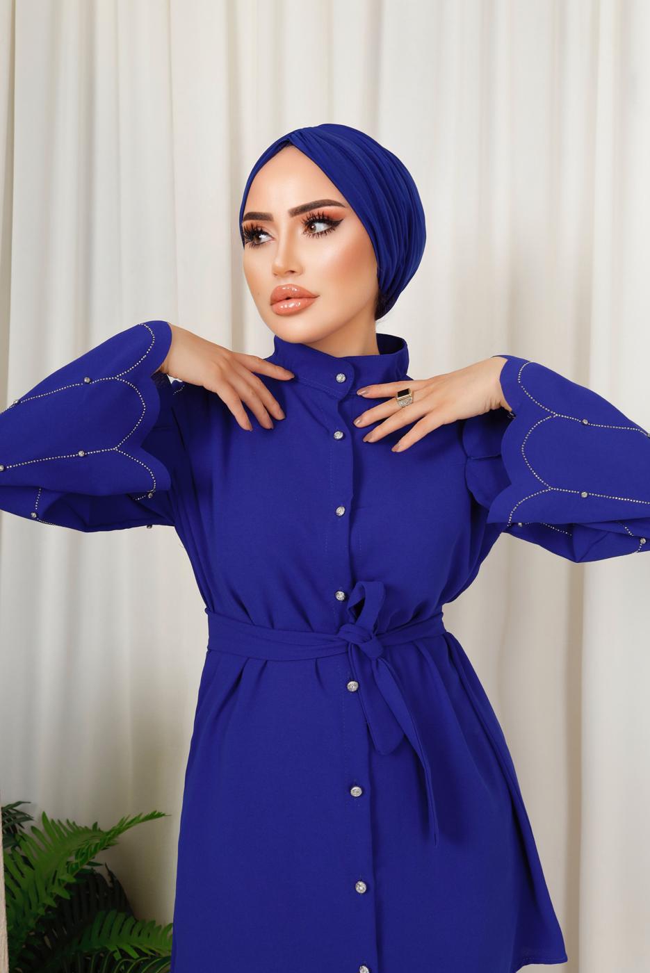 Tesettür giyim LACİVERT KOLU TAŞ İŞLEMELİ PANTOLONLU TAKIM T 6013