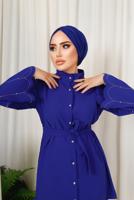 Tesettür giyim LACİVERT KOLU TAŞ İŞLEMELİ PANTOLONLU TAKIM T 6013