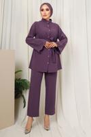 Tesettür giyim MOR KOLU TAŞ İŞLEMELİ PANTOLONLU TAKIM T 6013