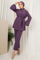 Tesettür giyim MOR KOLU TAŞ İŞLEMELİ PANTOLONLU TAKIM T 6013