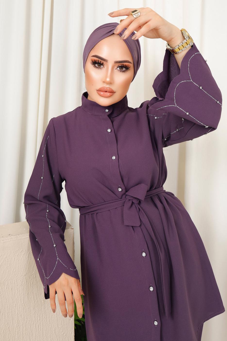 Tesettür giyim MOR KOLU TAŞ İŞLEMELİ PANTOLONLU TAKIM T 6013