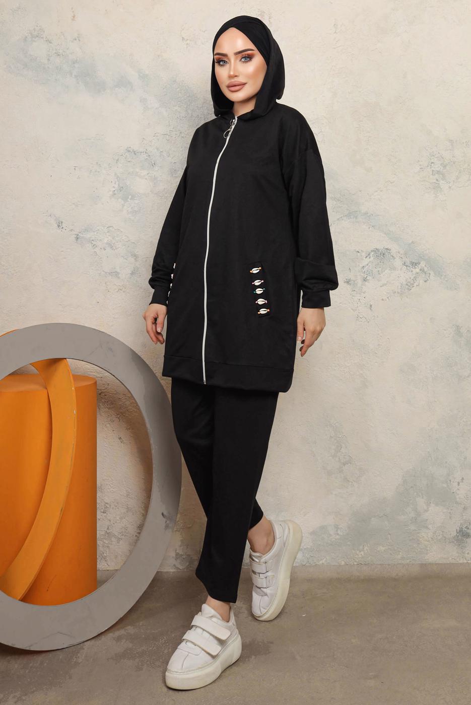 Tesettür giyim SİYAH KAPÜŞONLU CEPLİ PANTOLONLU TAKIM T 6043