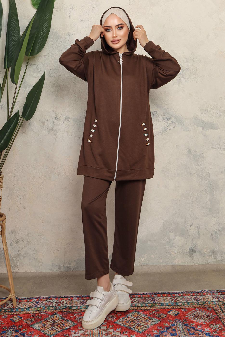 Tesettür giyim KAHVE KAPÜŞONLU CEPLİ PANTOLONLU TAKIM T 6043