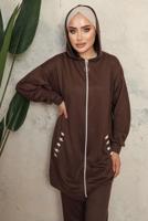 Tesettür giyim KAHVE KAPÜŞONLU CEPLİ PANTOLONLU TAKIM T 6043