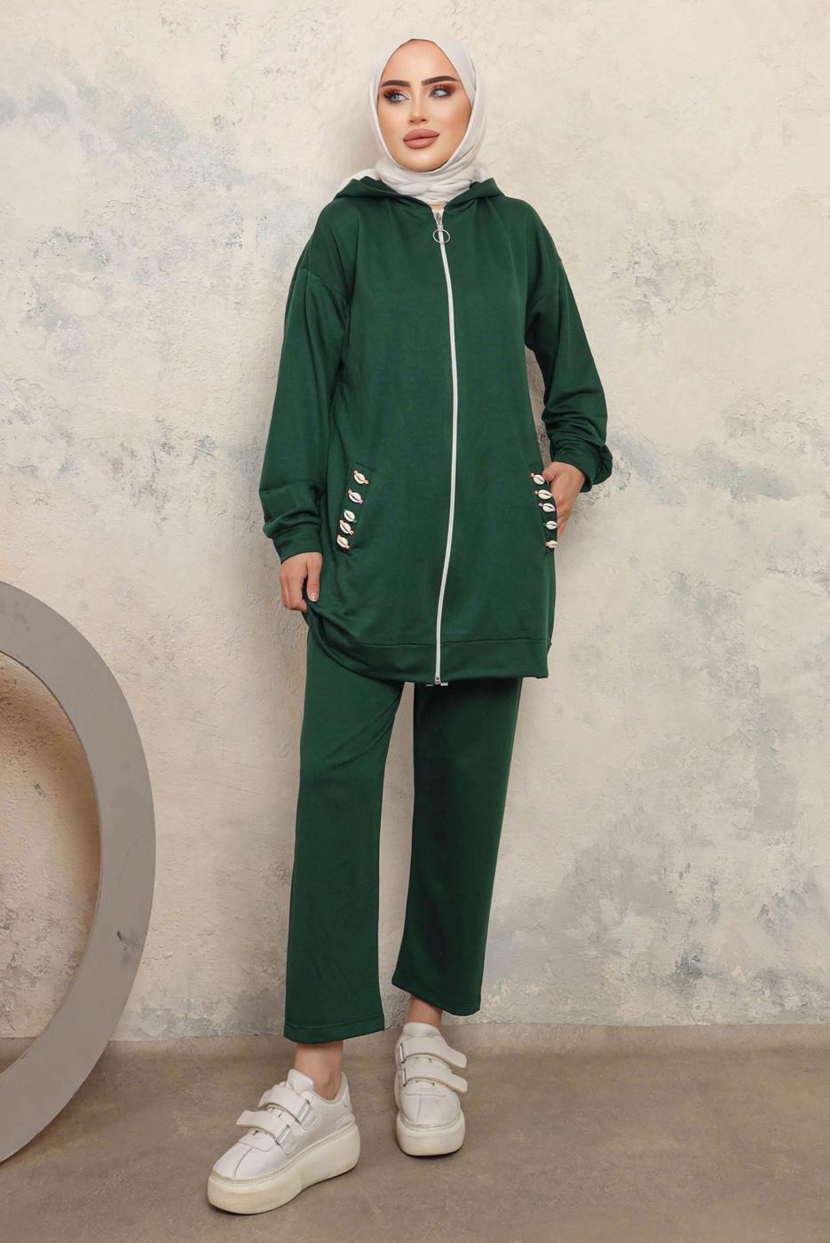 Tesettür giyim YEŞİL KAPÜŞONLU CEPLİ PANTOLONLU TAKIM T 6043