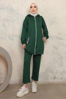 Tesettür giyim YEŞİL KAPÜŞONLU CEPLİ PANTOLONLU TAKIM T 6043