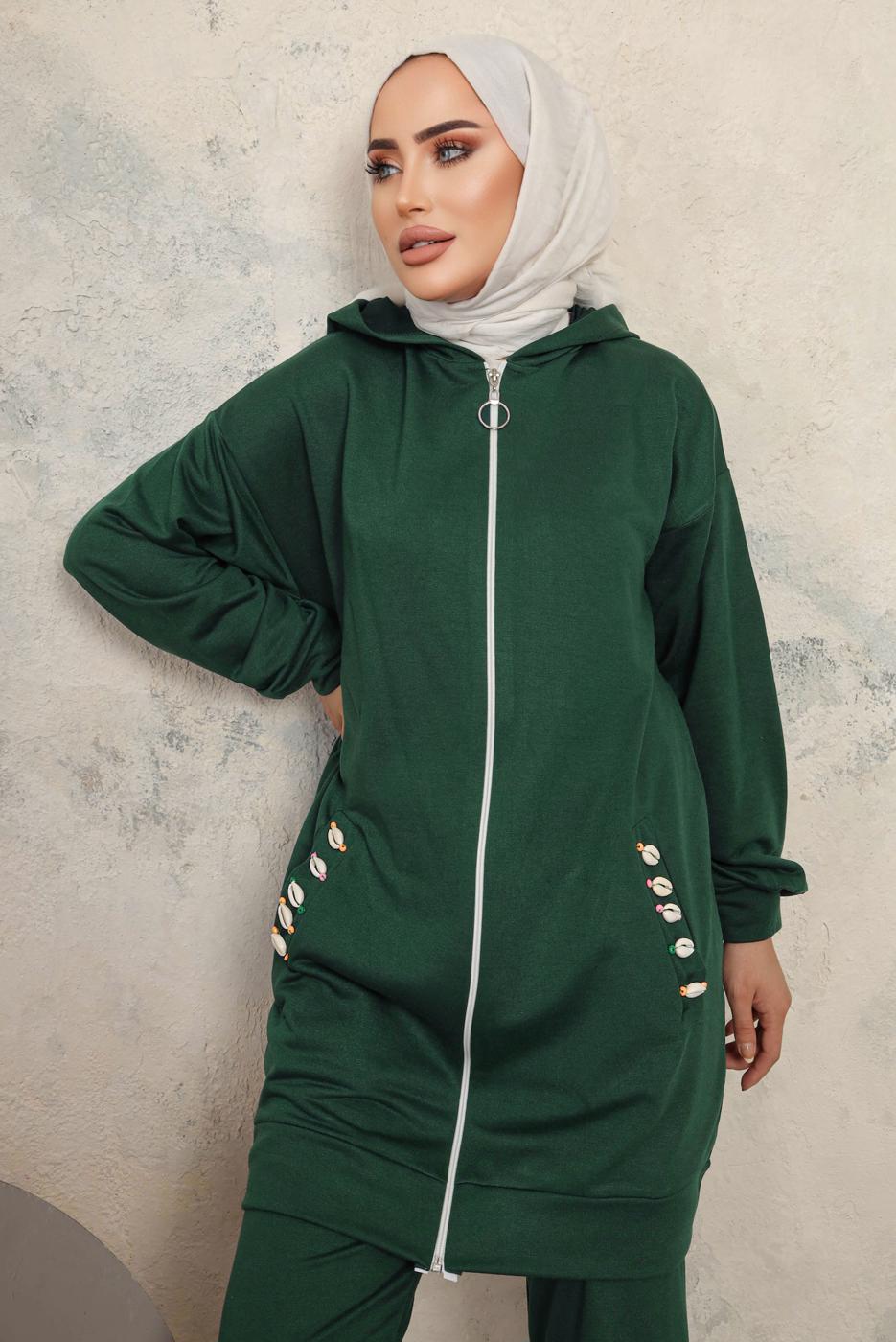 Tesettür giyim YEŞİL KAPÜŞONLU CEPLİ PANTOLONLU TAKIM T 6043