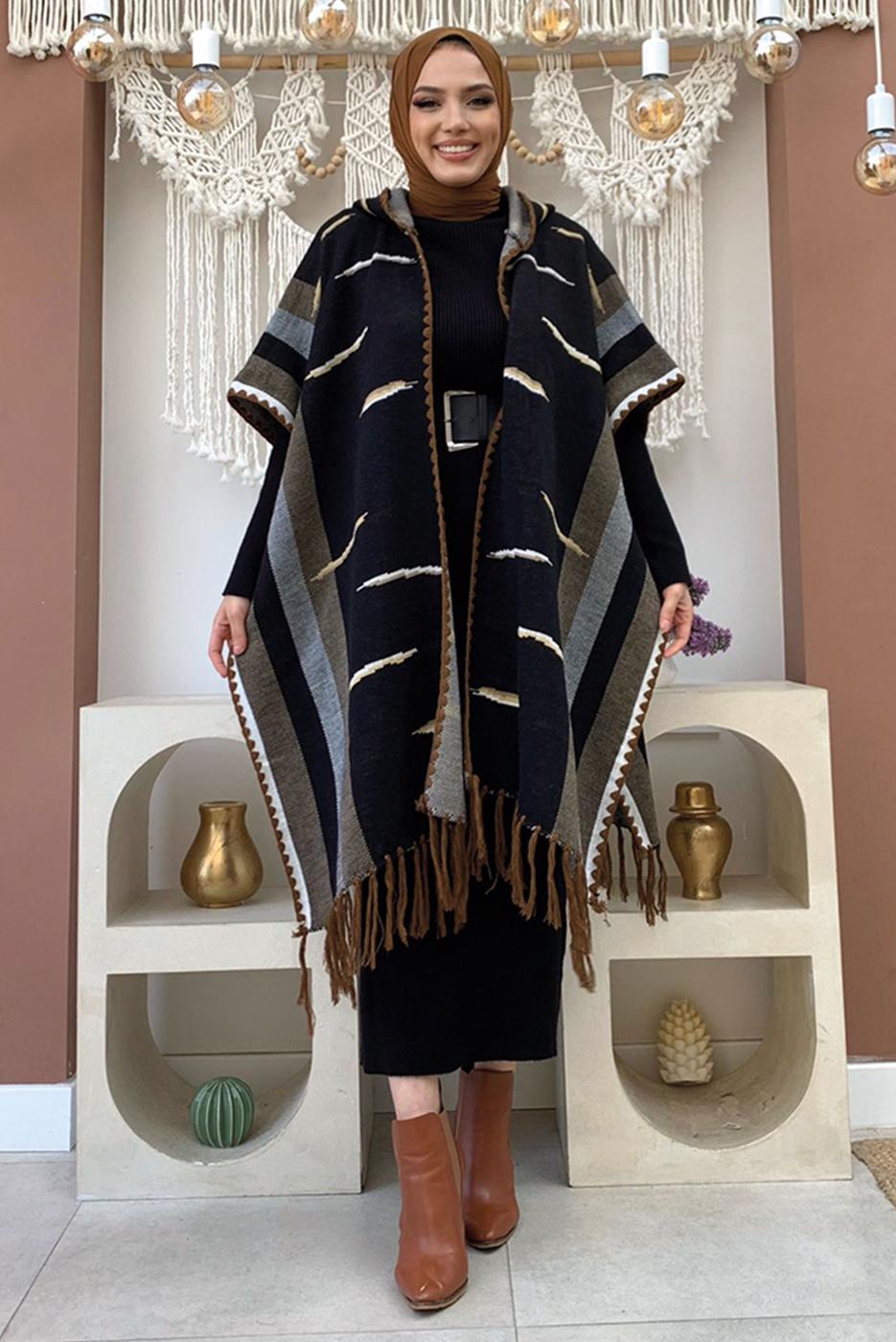 Vêtements hijab NOIR PONCHO EN MAILLE À CAPUCHE T 6061