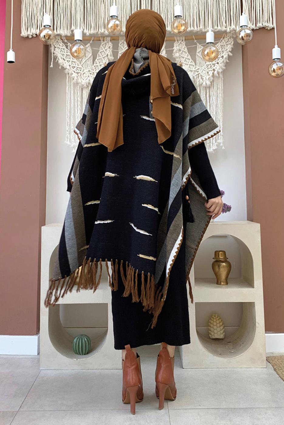 Vêtements hijab NOIR PONCHO EN MAILLE À CAPUCHE T 6061