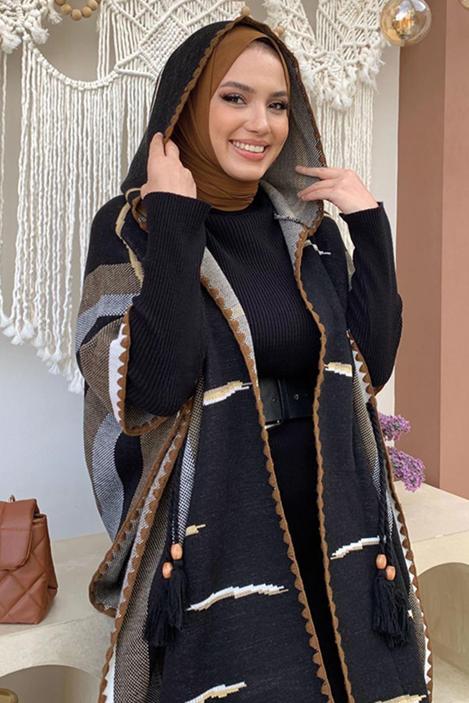 Vêtements hijab NOIR PONCHO EN MAILLE À CAPUCHE T 6061