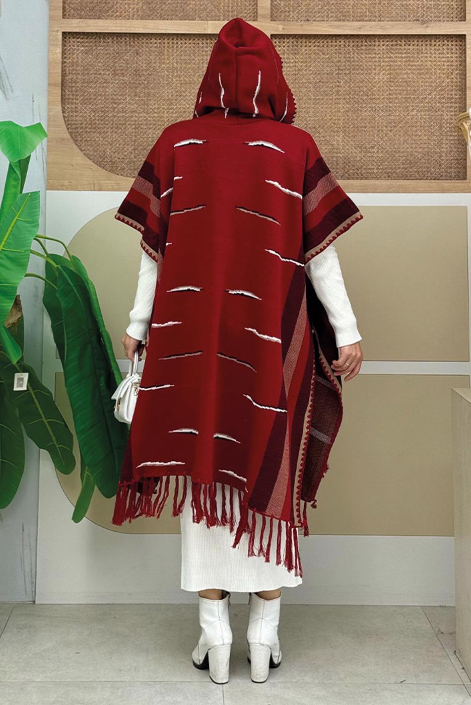 Tesettür giyim BORDO KAPÜŞONLU TRİKO PANÇO T 6061