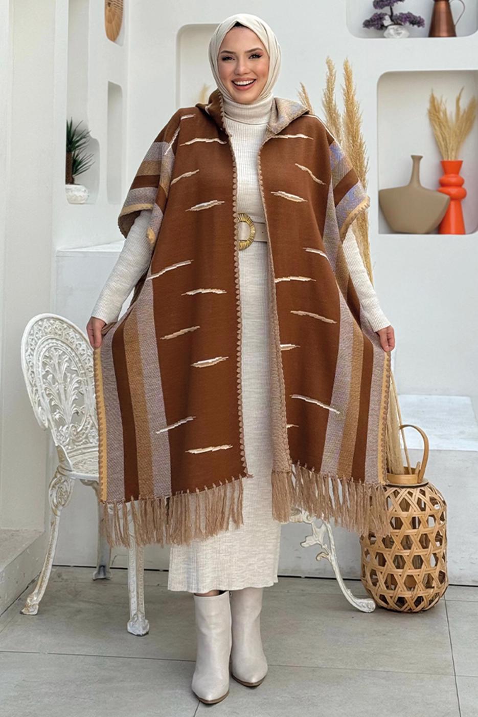 Hijab clothing TABA HOODED KNITWEAR PONCHO T 6061