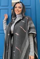 Tesettür giyim GRİ KAPÜŞONLU TRİKO PANÇO T 6061