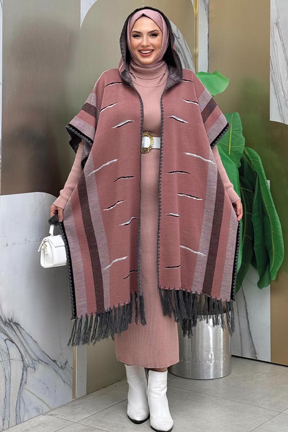 Tesettür giyim PEMBE KAPÜŞONLU TRİKO PANÇO T 6061