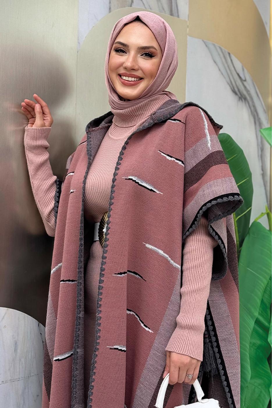 Tesettür giyim PEMBE KAPÜŞONLU TRİKO PANÇO T 6061