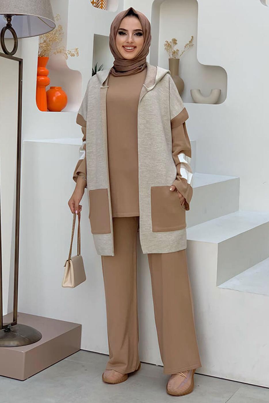 Tesettür giyim TABA PANTOLONLU TRİKO TAKIM T 61222