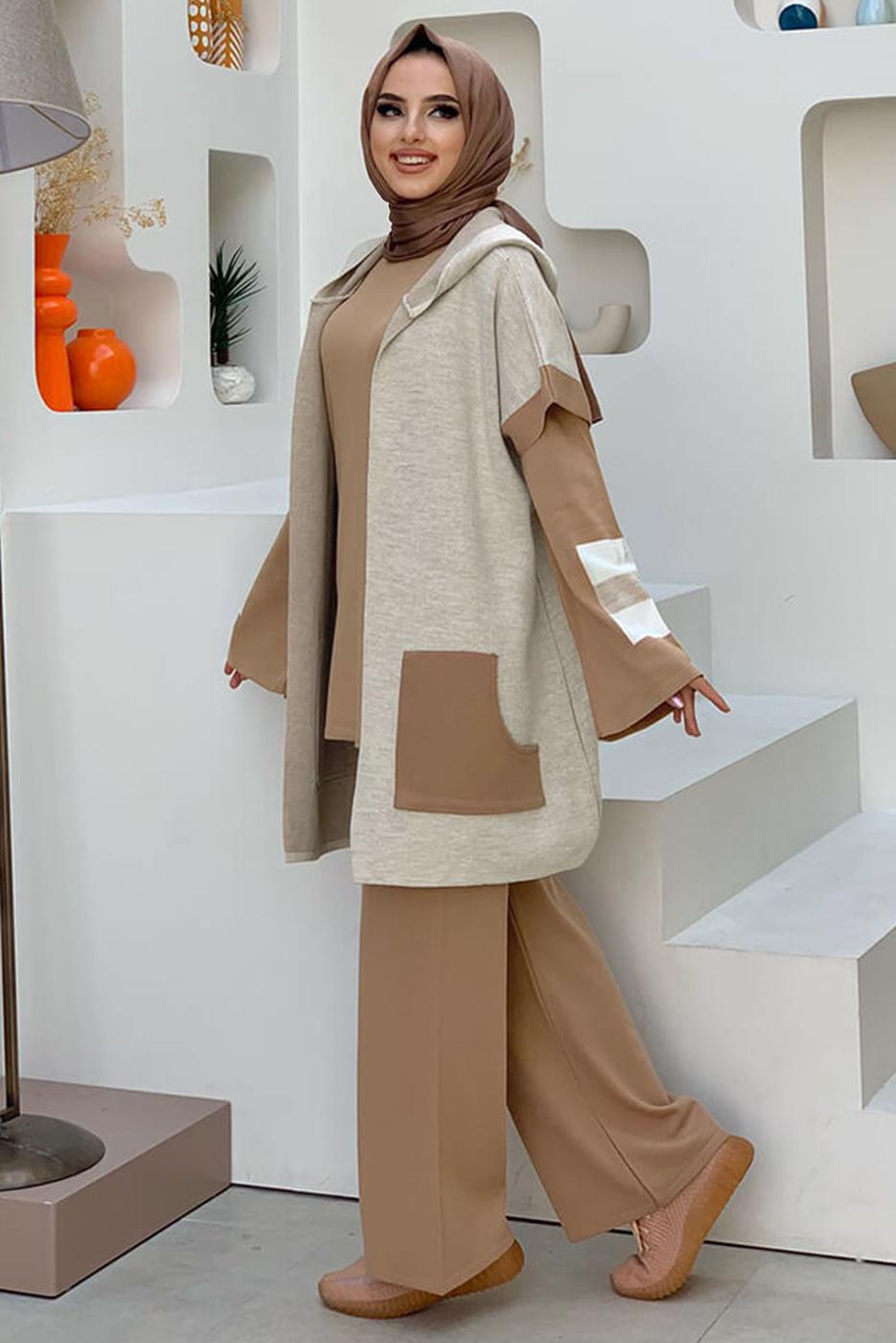 Tesettür giyim TABA PANTOLONLU TRİKO TAKIM T 61222