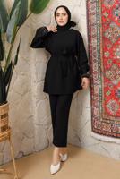 Tesettür giyim SİYAH KOLU TAŞ BASKILI KUŞAKLI PANTOLONLU TAKIM T 6243