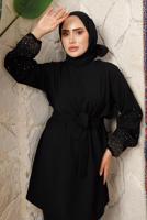 Tesettür giyim SİYAH KOLU TAŞ BASKILI KUŞAKLI PANTOLONLU TAKIM T 6243