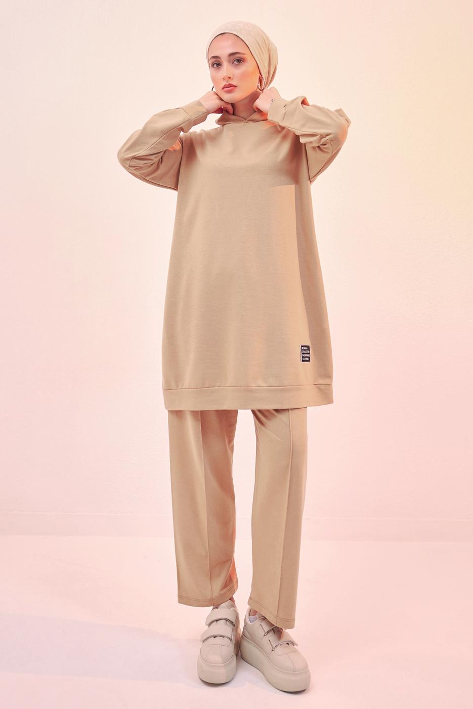 Tesettür giyim KAHVE KAPÜŞONLU PANTOLONLU TAKIM T 6253