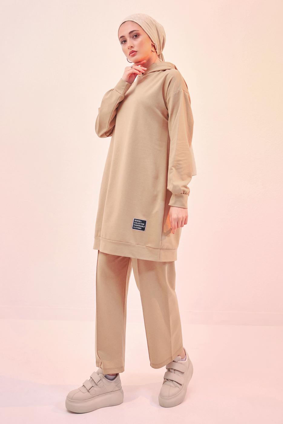 Tesettür giyim KAHVE KAPÜŞONLU PANTOLONLU TAKIM T 6253