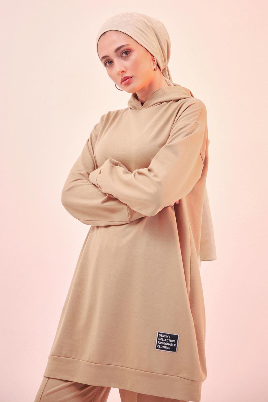 Tesettür giyim KAHVE KAPÜŞONLU PANTOLONLU TAKIM T 6253