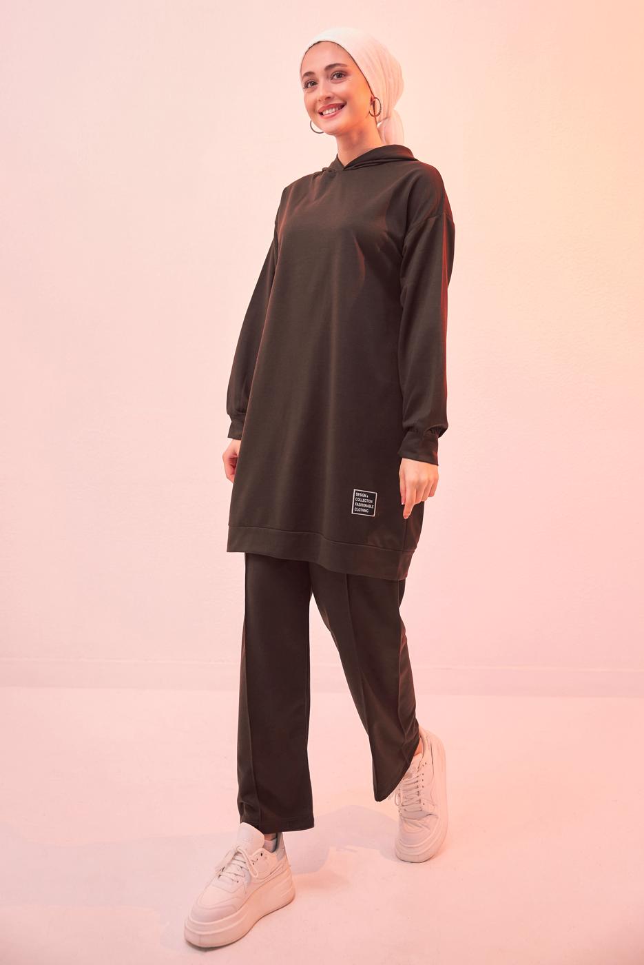 Tesettür giyim KAHVE KAPÜŞONLU PANTOLONLU TAKIM T 6253