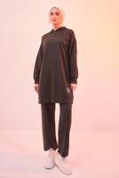 Tesettür giyim KAHVE KAPÜŞONLU PANTOLONLU TAKIM T 6253