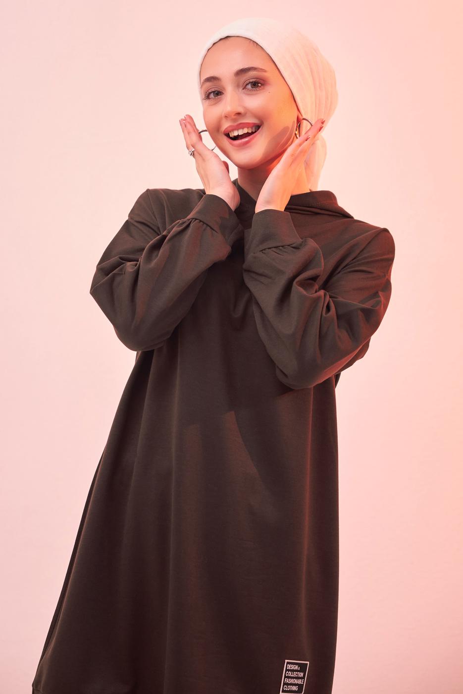 Tesettür giyim KAHVE KAPÜŞONLU PANTOLONLU TAKIM T 6253