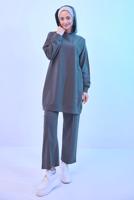 Tesettür giyim GRİ KAPÜŞONLU PANTOLONLU TAKIM T 6253