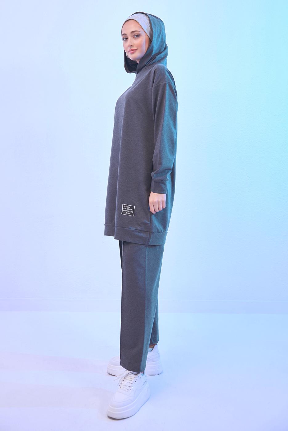 Tesettür giyim GRİ KAPÜŞONLU PANTOLONLU TAKIM T 6253