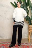 Tesettür giyim SİYAH ÇİZGİLİ BELİ LASTİKLİ PANTOLONLU TRİKO TAKIM T 6308