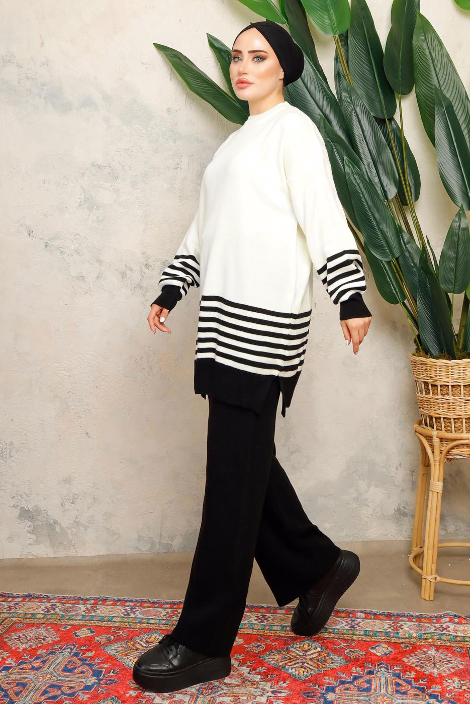 Tesettür giyim SİYAH ÇİZGİLİ BELİ LASTİKLİ PANTOLONLU TRİKO TAKIM T 6308