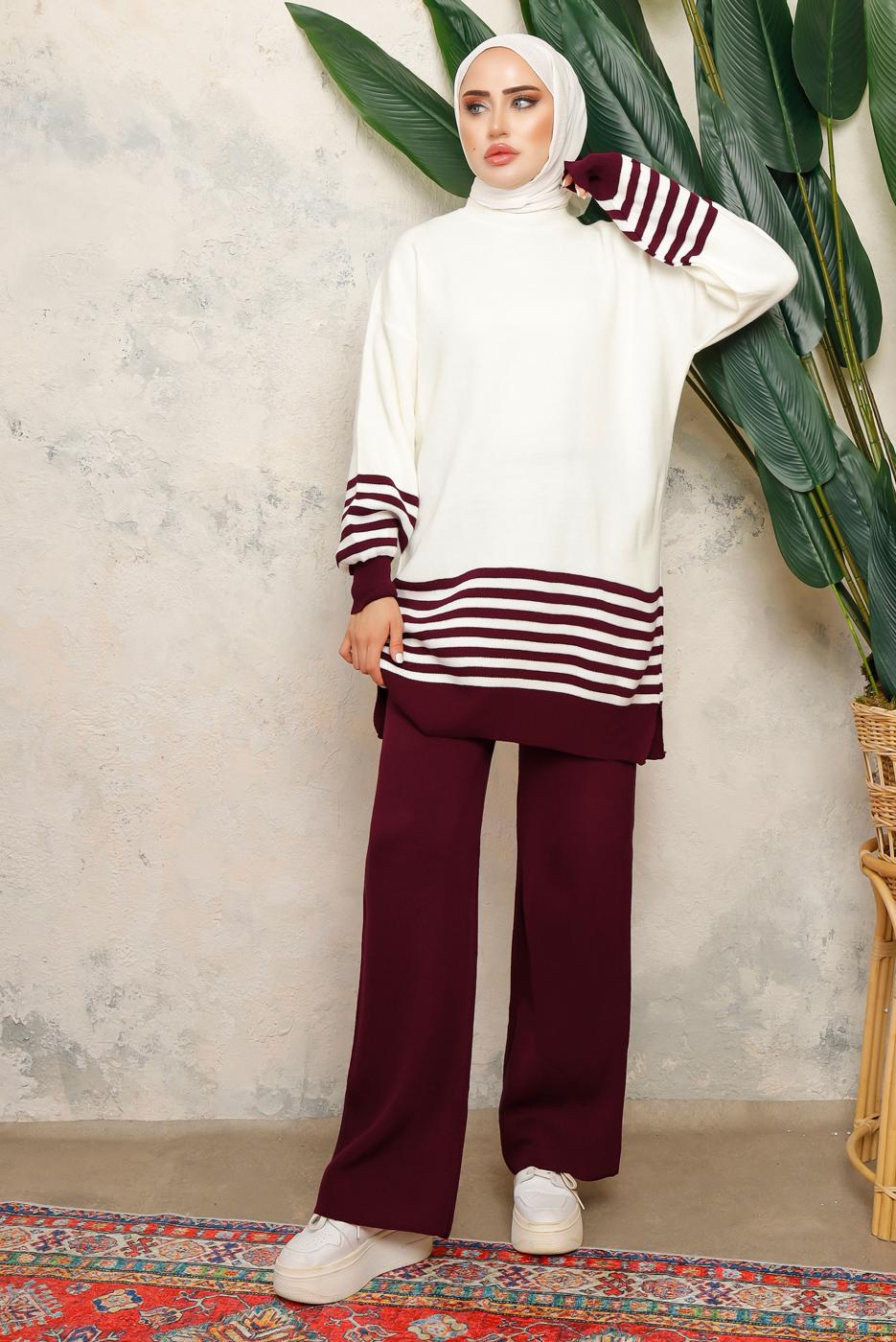 Tesettür giyim BORDO ÇİZGİLİ BELİ LASTİKLİ PANTOLONLU TRİKO TAKIM T 6308