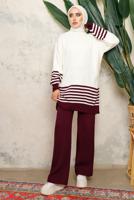 Tesettür giyim BORDO ÇİZGİLİ BELİ LASTİKLİ PANTOLONLU TRİKO TAKIM T 6308