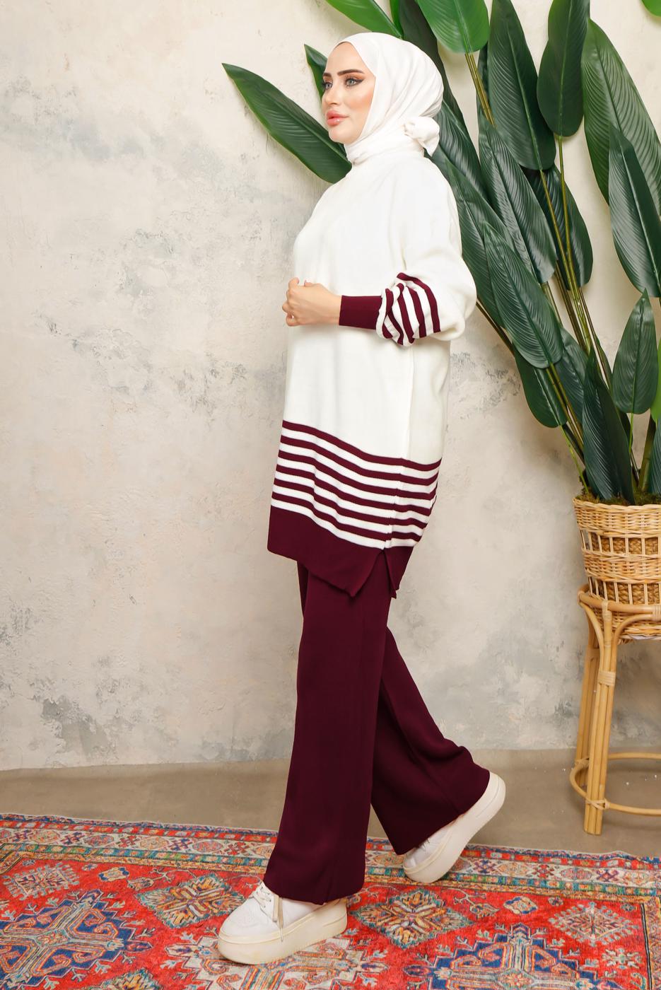 Tesettür giyim BORDO ÇİZGİLİ BELİ LASTİKLİ PANTOLONLU TRİKO TAKIM T 6308