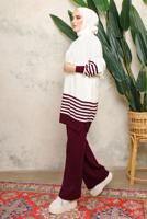 Tesettür giyim BORDO ÇİZGİLİ BELİ LASTİKLİ PANTOLONLU TRİKO TAKIM T 6308