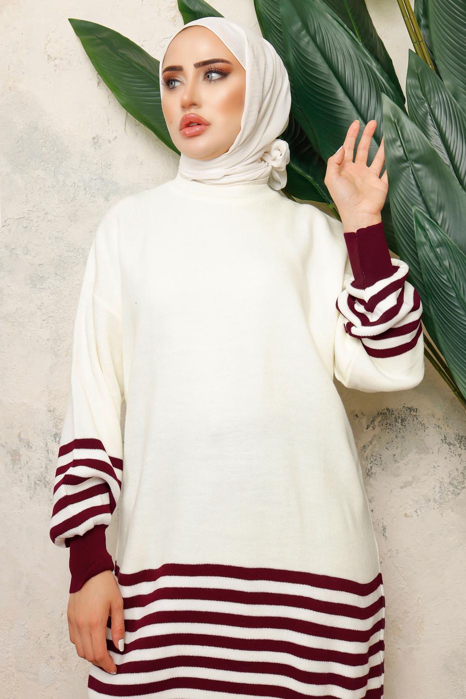 Tesettür giyim BORDO ÇİZGİLİ BELİ LASTİKLİ PANTOLONLU TRİKO TAKIM T 6308