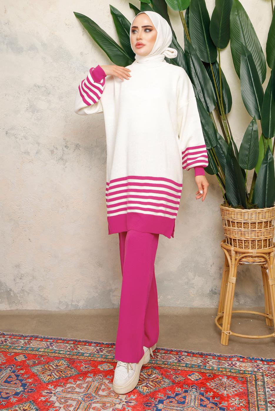 Tesettür giyim FUŞYA ÇİZGİLİ BELİ LASTİKLİ PANTOLONLU TRİKO TAKIM T 6308
