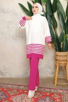 Tesettür giyim FUŞYA ÇİZGİLİ BELİ LASTİKLİ PANTOLONLU TRİKO TAKIM T 6308