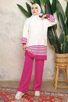 Tesettür giyim FUŞYA ÇİZGİLİ BELİ LASTİKLİ PANTOLONLU TRİKO TAKIM T 6308