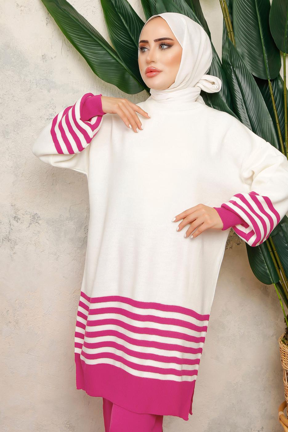 Tesettür giyim FUŞYA ÇİZGİLİ BELİ LASTİKLİ PANTOLONLU TRİKO TAKIM T 6308